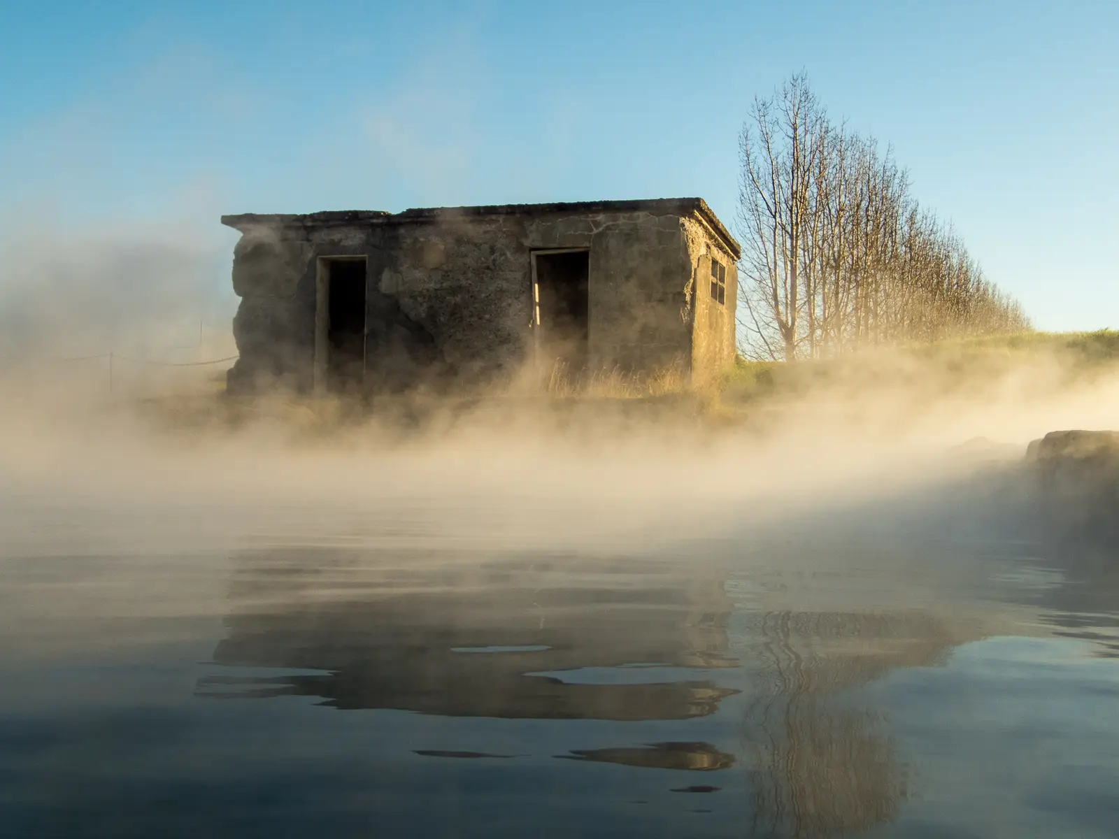 La même cabane de béton noyée dans la brume qui monte de l’eau, reflétée dans le bassin, devant une rangée d’arbres nus sous un ciel bleu.